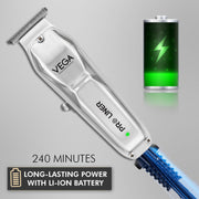VEGA PROFESSIONAL Men Pro Liner Hair Trimmer (VPPHT-03) – Stainless Steel Blades, 240-Min Cordless Runtime, Charging Dock, Salon & Home Use, Silver
