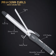 VEGA PROFESSIONAL Pro Cera Curls 25mm Barrel Hair Curler – LCD Display, Adjustable Temperature, Cool Clip, Long-Lasting Tight Curls (VPMCT-04)