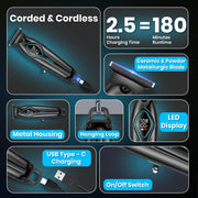 VGR V-945 Professional Hair Trimmer - 180 Minute Runtime, 1400mAh Lithium Battery, Metal Housing Body, Ceramic & Powder Metallurgic Blades, 3 Guide Combs, Type-C Charging, LED Display (Black)