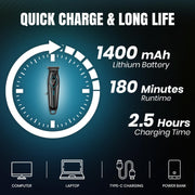 VGR V-945 Professional Hair Trimmer - 180 Minute Runtime, 1400mAh Lithium Battery, Metal Housing Body, Ceramic & Powder Metallurgic Blades, 3 Guide Combs, Type-C Charging, LED Display (Black)