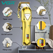 VGR V-140 Professional Salon Series Hair Clipper for Salon & Men's | 300 Min Runtime, 2500mAh Lithium Battery, Taper Lever, LED Display, Metallic Body, 4 Cutting Guide Combs (Gold)