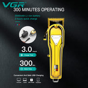 VGR V-140 Professional Salon Series Hair Clipper for Salon & Men's | 300 Min Runtime, 2500mAh Lithium Battery, Taper Lever, LED Display, Metallic Body, 4 Cutting Guide Combs (Gold)