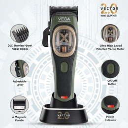 VEGA PROFESSIONAL Vector 2.0 Hair Clipper – Smart Torque Control, DLC Blades, 150 Min Cordless Runtime & 6 Magnetic Combs (VPPHC-12)