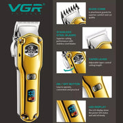 VGR V-693 Professional Salon Series Hair Clipper for Salon & Men | 150 Minutes Runtime | LED Display | Water Resistance | 6 Guide Combs (Gold)