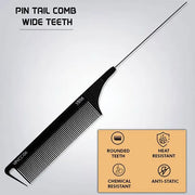 VEGA PROFESSIONAL Carbon Pin Tail Wide Teeth Comb – Black Line (Model VPVCC-06)
