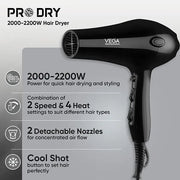 VEGA PROFESSIONAL Pro Dry 1800-2100 Watts Hair Dryer for Men & Women with Cool Shot Button and 3 Heat & 2 Speed Settings, Black (VPPHD-02)