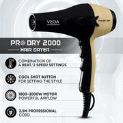Pro Dry 2000-2200W Hair Dryer - Gold - VPVHD-04