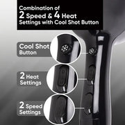 VEGA PROFESSIONAL Pro Dry 1800-2100 Watts Hair Dryer for Men & Women with Cool Shot Button and 3 Heat & 2 Speed Settings, Black (VPPHD-02)