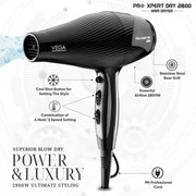 VEGA PROFESSIONAL Pro Xpert Dry 2800W Hair Dryer – Fast Drying, Adjustable Heat & Speed, Cool Shot, Salon-Quality Styling (VPPHD-10)